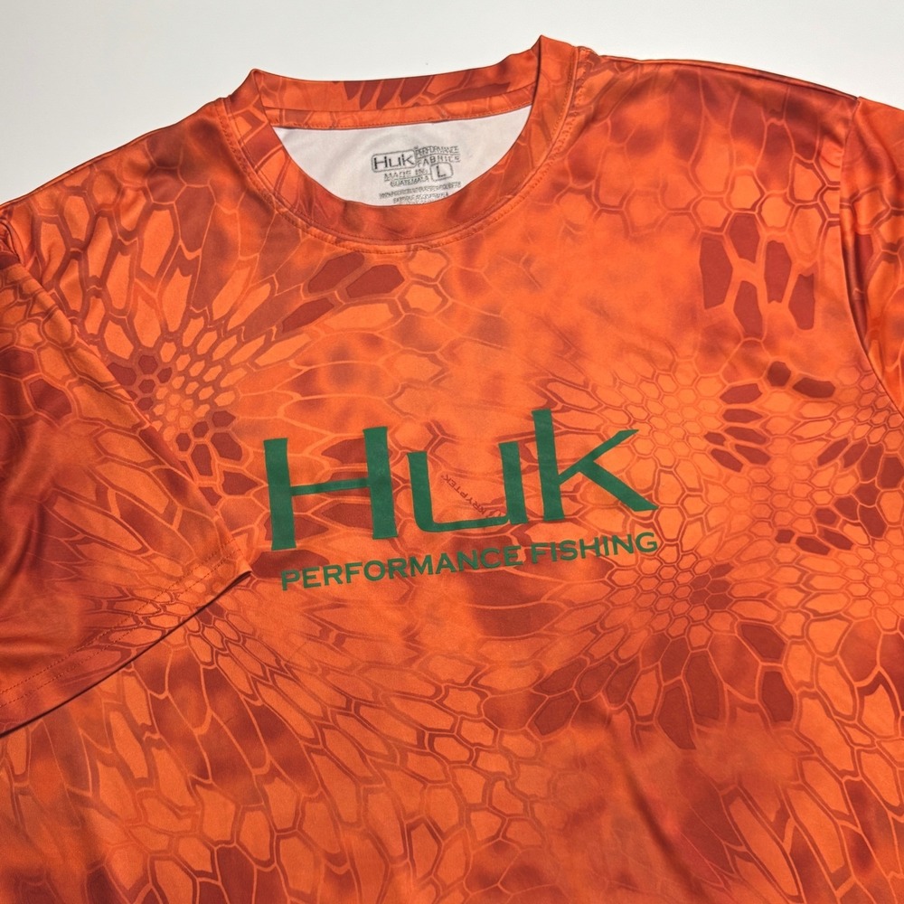 Huk Kryptek Fishing Swimming Shirt  Men's L Orange Camo Performance Short Sleeve